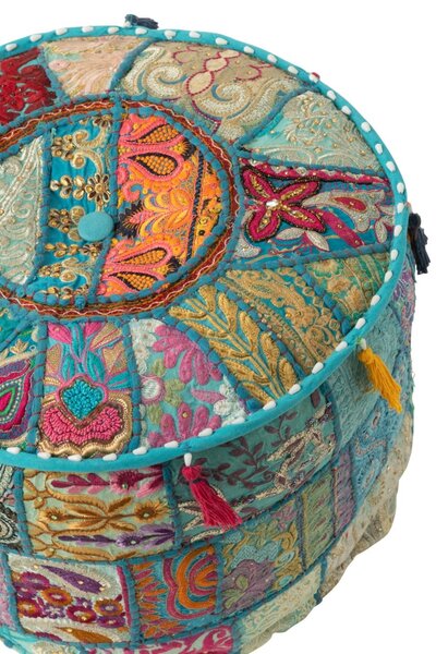 Modrý kulatý Pouf polštář se vzorováním a třásněmi – 40*40*30 cm - J-Line by Jolipa
