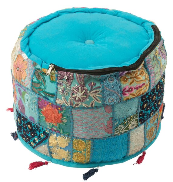 Modrý kulatý Pouf polštář se vzorováním a třásněmi – 40*40*30 cm - J-Line by Jolipa