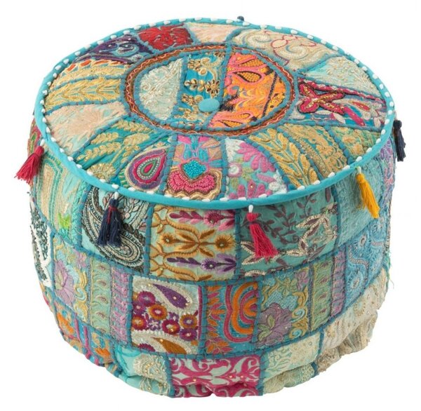 Modrý kulatý Pouf polštář se vzorováním a třásněmi – 40*40*30 cm - J-Line by Jolipa
