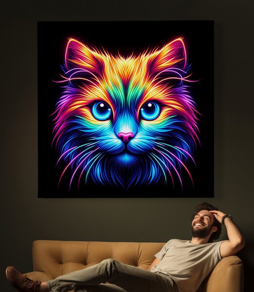 Obraz na plátně - Barevná neonová kočka FeelHappy.cz Rozměr obrazu (Šířka x Výška): 60 x 60 cm