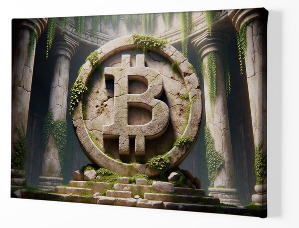 Obraz na plátně - Bitcoin, kamenné logo v opuštěném chrámu FeelHappy.cz Velikost obrazu: 210 x 140 cm