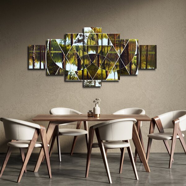 Obraz - Geometrická koláž na pozadí severských lesů (210x100 cm)