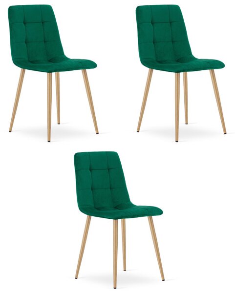 Set tří jídelních židlí KARA sametové, tmavě zelené / hnědé nohy (3 ks)