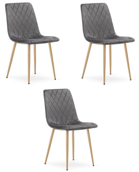 Set tří jídelních židlí TURIN sametové, tmavě šedé / hnědé nohy (3 ks)