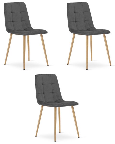 Set tří jídelních židlí KARA sametové, tmavě šedé / hnědé nohy (3 ks)