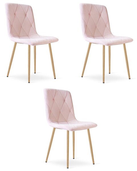 Set tří jídelních židlí LIBRA sametové, světle růžové / hnědé nohy (3 ks)