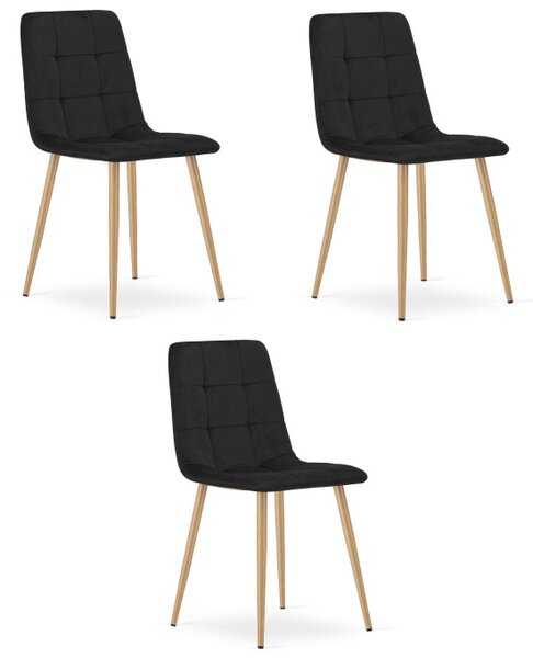 Set tří jídelních židlí KARA sametové, černé / hnědé nohy (3 ks)