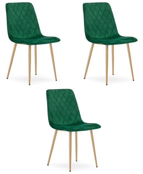 Set tří jídelních židlí TURIN sametové, tmavě zelené / hnědé nohy (3 ks)