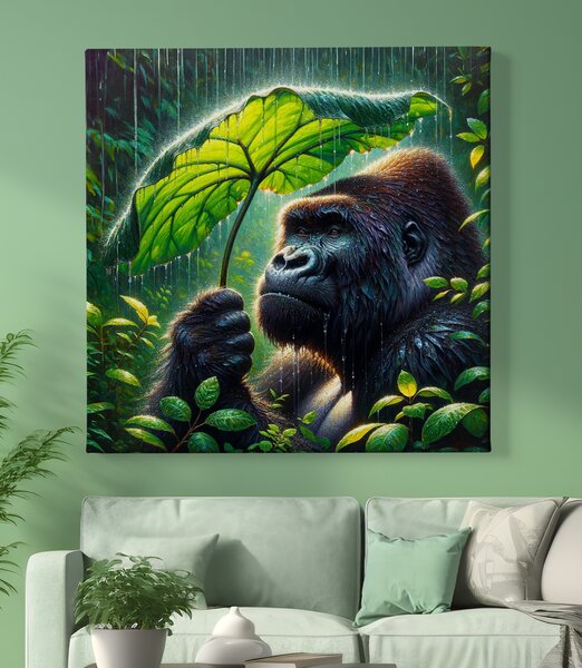Obraz na plátně - Gorila se schovává před deštěm FeelHappy.cz Rozměr obrazu (Šířka x Výška): 40 x 40 cm