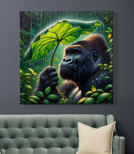 Obraz na plátně - Gorila se schovává před deštěm FeelHappy.cz Rozměr obrazu (Šířka x Výška): 40 x 40 cm