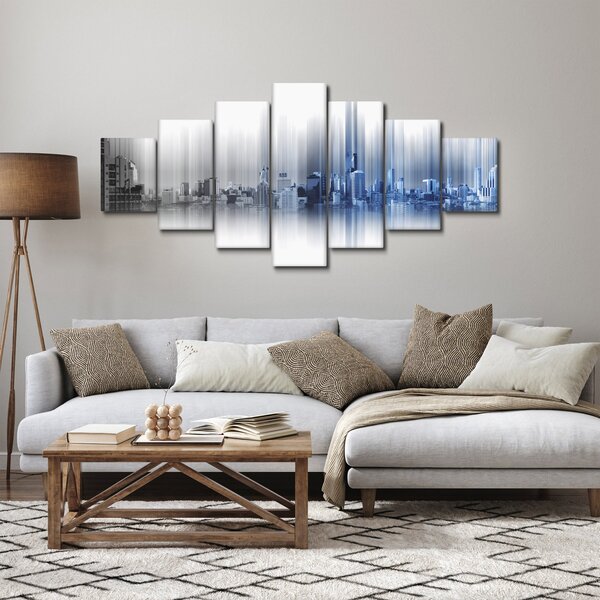 Obraz - Panorama města, modro-šedé (210x100 cm)
