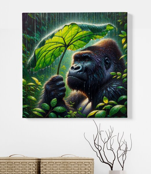 Obraz na plátně - Gorila se schovává před deštěm FeelHappy.cz Rozměr obrazu (Šířka x Výška): 40 x 40 cm