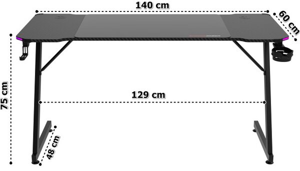 Herní stůl s LED osvětlením SHADOW GAMER 2.0 140 cm elektrický, černý