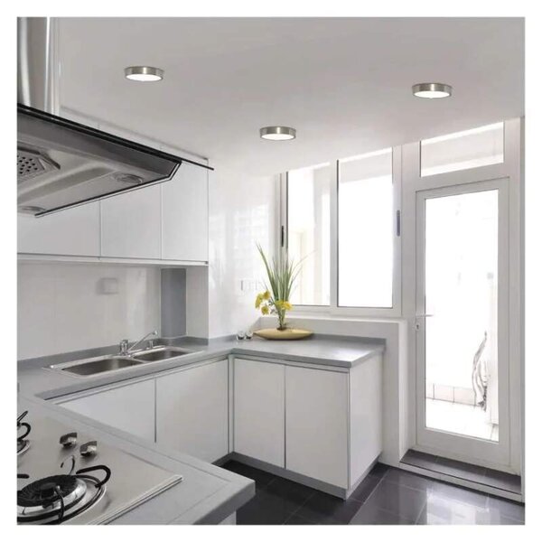 EMOS ZM5233 NEXXO - Přisazený stropní LED panel v broušeném niklu, 12,5W, 1100lm, 3000 + 3500 + 4000K, IP40/IP20, Ø 17cm (Stropní kulaté svítidlo ve stříbrné barvě s přepínačem barvy světla)