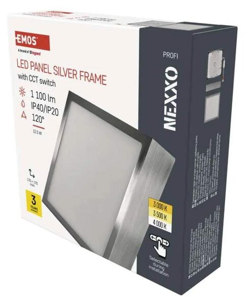 EMOS ZM6233 NEXXO - Přisazený stropní LED panel v broušeném niklu, 12,5W, 1100lm, 3000 + 3500 + 4000K, IP40/IP20, 17 x 17cm (Stropní čtvercové svítidlo ve stříbrné barvě s přepínačem barvy světla)