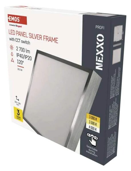 EMOS ZM6253 NEXXO - Přisazený stropní LED panel v broušeném niklu, 28,5W, 2700lm, 3000 + 3500 + 4000K, IP40/IP20, 30 x 30cm (Stropní čtvercové svítidlo ve stříbrné barvě s přepínačem barvy světla)
