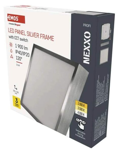 EMOS ZM6243 NEXXO - Přisazený stropní LED panel v broušeném niklu, 21W, 1900lm, 3000 + 3500 + 4000K, IP40/IP20, 22,5 x 22,5cm (Stropní čtvercové svítidlo ve stříbrné barvě s přepínačem barvy světla)