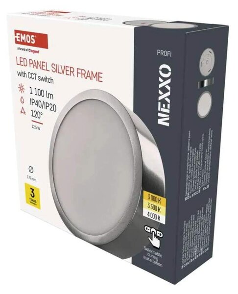 EMOS ZM5233 NEXXO - Přisazený stropní LED panel v broušeném niklu, 12,5W, 1100lm, 3000 + 3500 + 4000K, IP40/IP20, Ø 17cm (Stropní kulaté svítidlo ve stříbrné barvě s přepínačem barvy světla)
