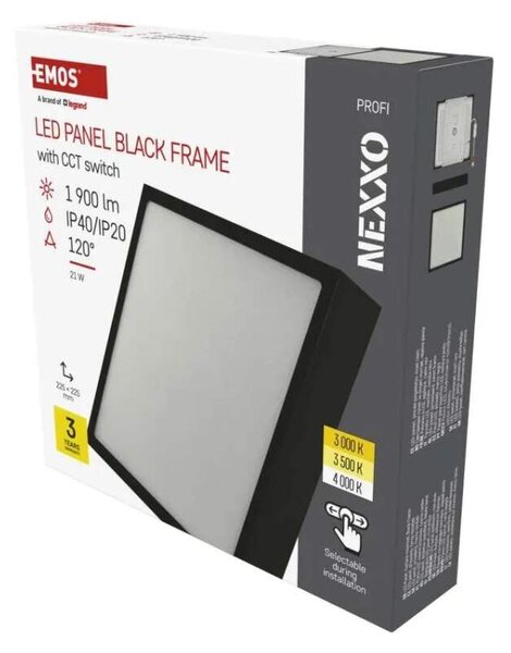 EMOS ZM6343 NEXXO - Přisazený stropní LED panel v černé barvě, 21W, 1900lm, 3000 + 3500 + 4000K, IP40/IP20, 22,5 x 22,5cm (Stropní čtvercové svítidlo v černé barvě s přepínačem barvy světla)