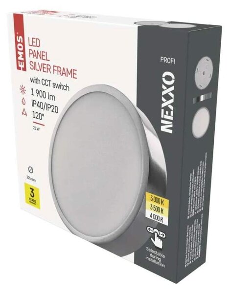 EMOS ZM5243 NEXXO - Přisazený stropní LED panel v broušeném niklu, 21W, 1900lm, 3000 + 3500 + 4000K, IP40/IP20, Ø 22,5cm (Stropní kulaté svítidlo ve stříbrné barvě s přepínačem barvy světla)