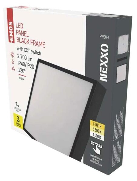 EMOS ZM6353 NEXXO - Přisazený stropní LED panel v černé barvě, 28W, 2700lm, 3000 + 3500 + 4000K, IP40/IP20, 30 x 30cm (Stropní čtvercové svítidlo v černé barvě s přepínačem barvy světla)