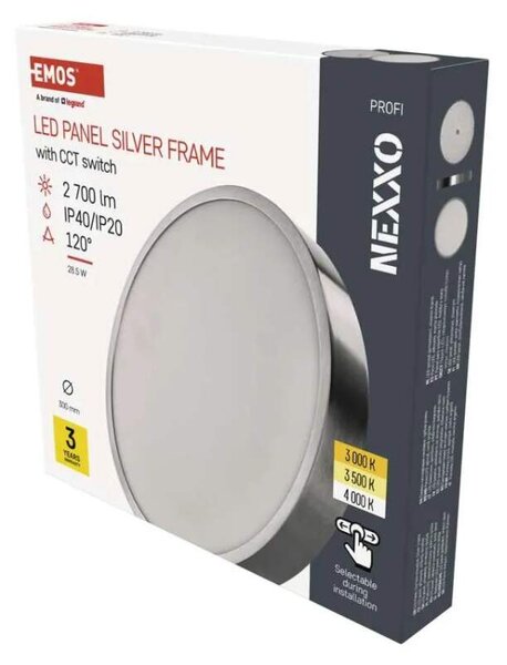 EMOS ZM5253 NEXXO - Přisazený stropní LED panel v broušeném niklu, 28W, 2700lm, 3000 + 3500 + 4000K, IP40/IP20, Ø 30cm (Stropní kulaté svítidlo ve stříbrné barvě s přepínačem barvy světla)