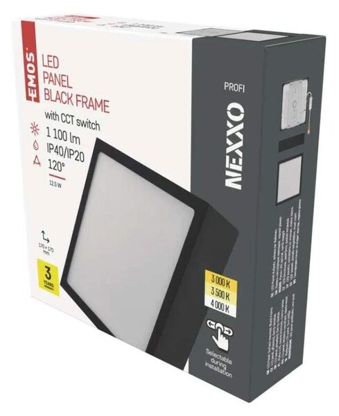 EMOS ZM6333 NEXXO - Přisazený stropní LED panel v černé barvě, 12,5W, 1100lm, 3000 + 3500 + 4000K, IP40/IP20, 17 x 17cm (Stropní čtvercové svítidlo v černé barvě s přepínačem barvy světla)