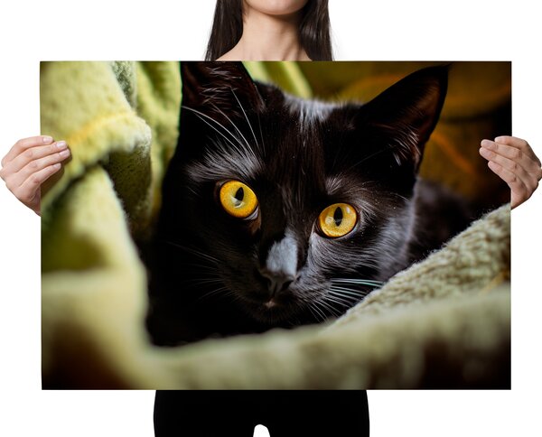 FeelHappy Plakát - Najdi kočku, černá kočka v zelené dece Velikost plakátu: A2 (42 x 59,7 cm)