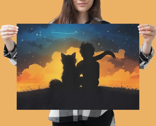 Plakát - Malý princ a liška pozorují nádherný západ slunce (siluety) FeelHappy.cz Velikost plakátu: A1 (59,4 × 84 cm)
