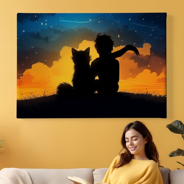 Obraz na plátně - Malý princ a liška pozorují nádherný západ slunce (siluety) FeelHappy.cz Velikost obrazu: 210 x 140 cm