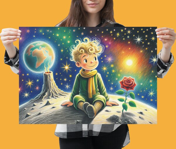 Plakát - Malý princ sedí zamyšlený na své planetce FeelHappy.cz Velikost plakátu: A3 (29,7 × 42 cm)