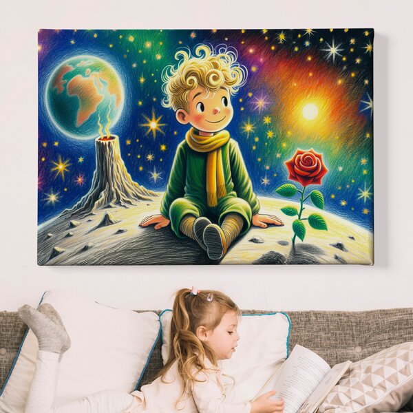 Obraz na plátně - Malý princ sedí zamyšlený na své planetce FeelHappy.cz Velikost obrazu: 90 x 60 cm