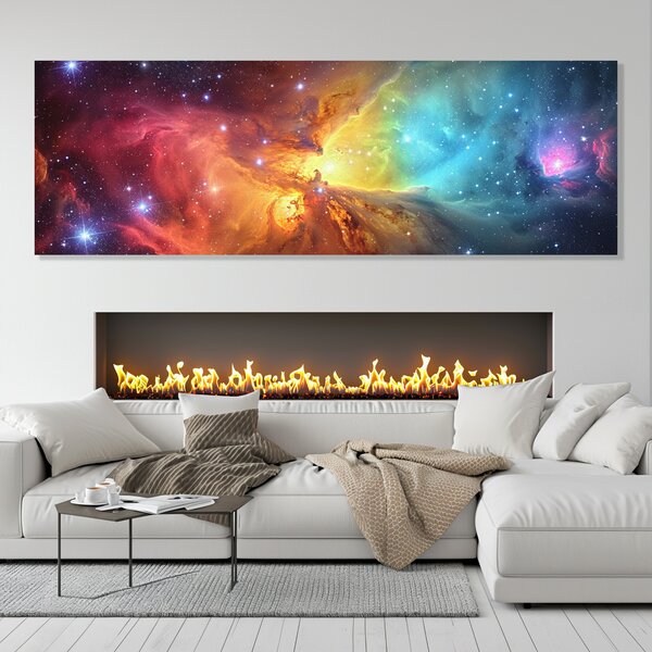 Obraz na plátně - Hvězdy obklopené barevnou Galaxií FeelHappy.cz Rozměr obrazu (Šířka x Výška): 120 x 40 cm
