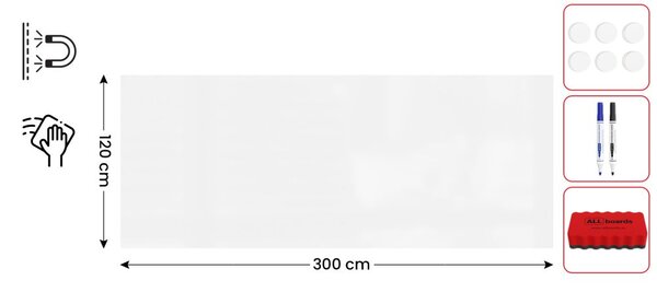 Magnetická tabule SLIMboard bezrámová smazatelná za sucha 300x120 cm, PME300x120