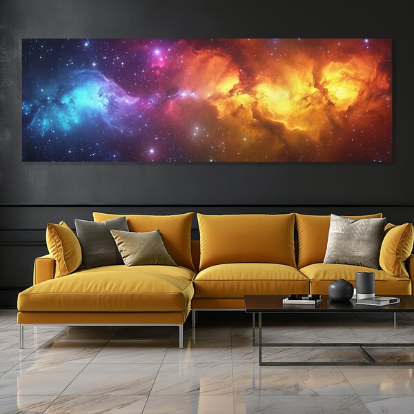 Obraz na plátně - Barevná galaxie Spectre s hvězdami FeelHappy.cz Rozměr obrazu (Šířka x Výška): 150 x 50 cm