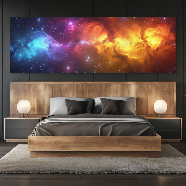 Obraz na plátně - Barevná galaxie Spectre s hvězdami FeelHappy.cz Rozměr obrazu (Šířka x Výška): 150 x 50 cm