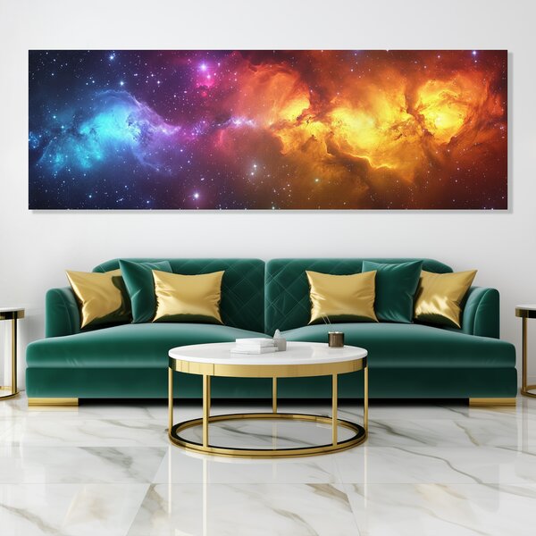 Obraz na plátně - Barevná galaxie Spectre s hvězdami FeelHappy.cz Rozměr obrazu (Šířka x Výška): 150 x 50 cm