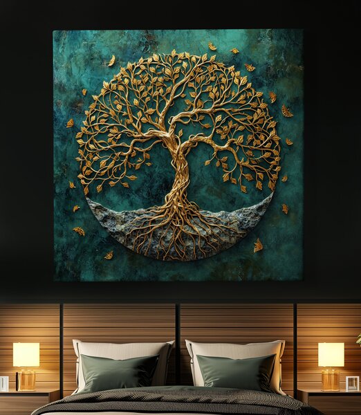 Obraz na plátně - Zlatý strom života na kameni Emery FeelHappy.cz Velikost obrazu (šířka x výška): 40 x 40 cm