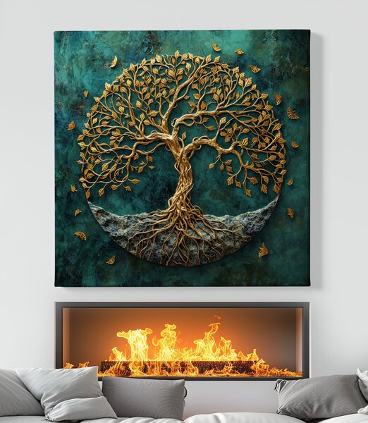 Obraz na plátně - Zlatý strom života na kameni Emery FeelHappy.cz Velikost obrazu (šířka x výška): 40 x 40 cm