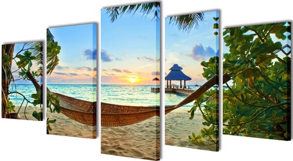 Set tištěných obrazů na plátně pláž s houpací sítí 200 x 100 cm