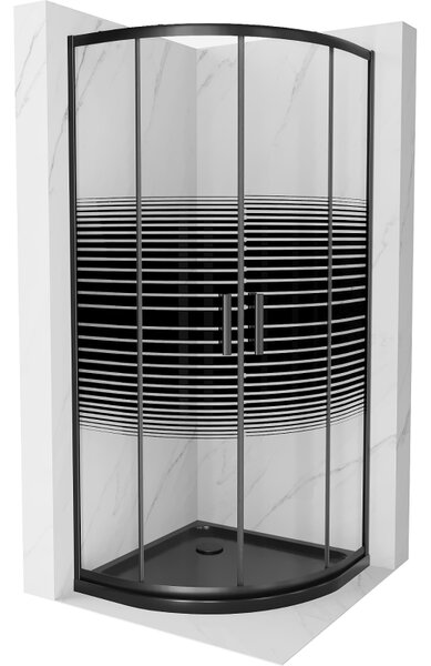 Mexen Rio, čtvrtkruhový sprchový kout s posuvnými dveřmi 80 (dveře) x 80 (dveře) x 190 cm, 5mm čiré sklo s pásky, černý profil + černá sprchová vanička SLIM, 863-080-080-70-20-4170B