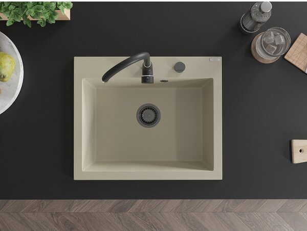 Mexen Elix, 1korový granitový dřez 600 x 500 mm, béžová, černý sifon, 6525601005-69-B