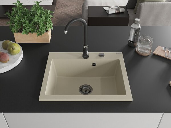 Mexen Elix, 1korový granitový dřez 600 x 500 mm, béžová, černý sifon, 6525601005-69-B