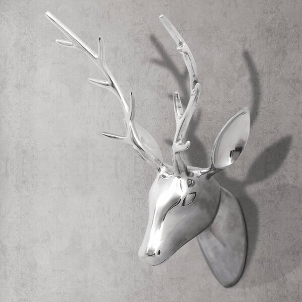 Nástěnná hliníková jelení hlava, dekorace, stříbrná barva 62 cm