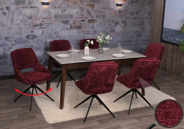 Sada 6 jídelních židlí HWC-N73, kuchyňská židle, otočná, látka/textil šenil (490 g/m²) Oeko-Tex bordeaux