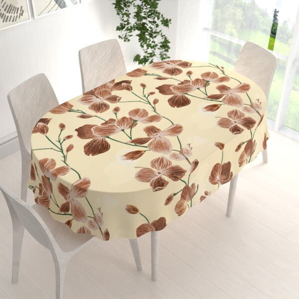 Biante Bavlněný oválný ubrus Sandra SA-536 Hnědé orchideje na vanilkově žlutém 50x100 cm