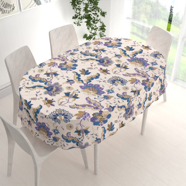 Biante Bavlněný oválný ubrus Sandra SA-539 Modro-fialové orientální květy na světle béžovém 50x100 cm