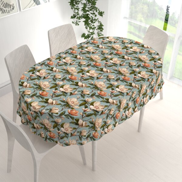 Biante Bavlněný oválný ubrus Sandra SA-545 Květy magnolie na šedomodrém 50x100 cm