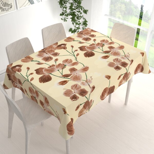 Biante Bavlněný obdélníkový ubrus Sandra SA-536 Hnědé orchideje na vanilkově žlutém 50x100 cm