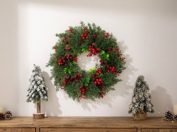Adventní věnec na dveře RED BERRIES Ø 35 cm, zelený/červený